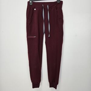 Figs Burgundy Jogger Pants with Gray Drawstrings